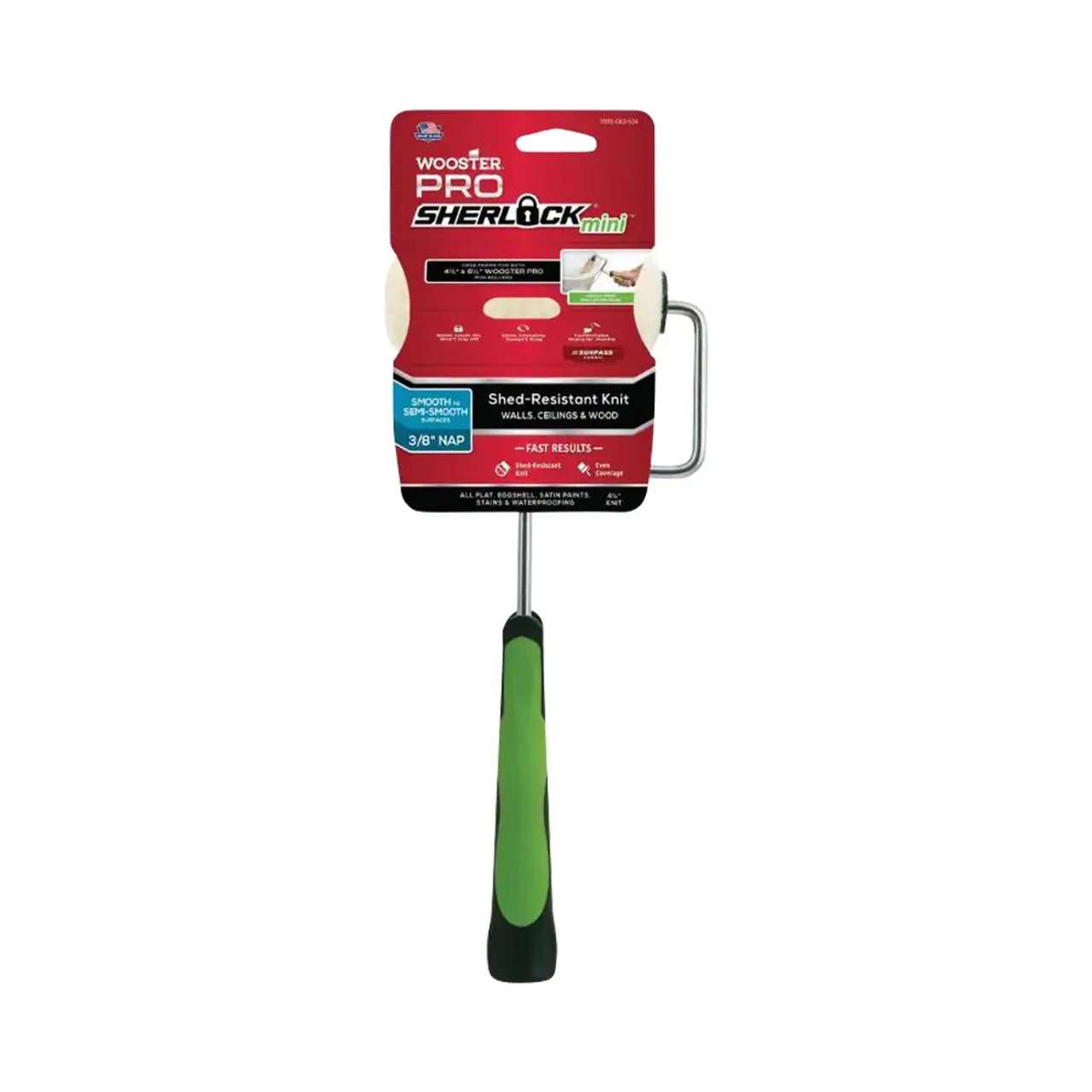 The Go Build 4-1/2 in. x 3/8 in. Pro Surpass Shed-Resistant Knit Cage Frame Mini Roller Assembly features a green handle, metal frame, and off-white cover on red packaging for walls and ceilings with Wooster Pro Sherlock branding.